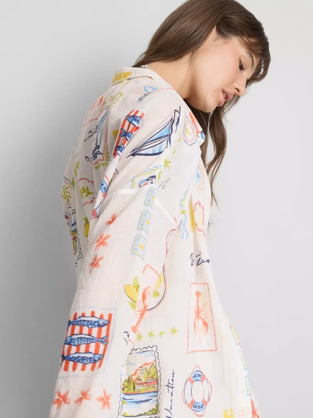 Camisas de praia de algodão estampadas com botões