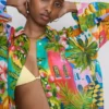 Camisas de praia de algodão estampadas com botões