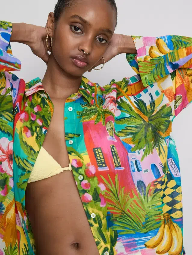 Camisas de praia de algodão estampadas com botões