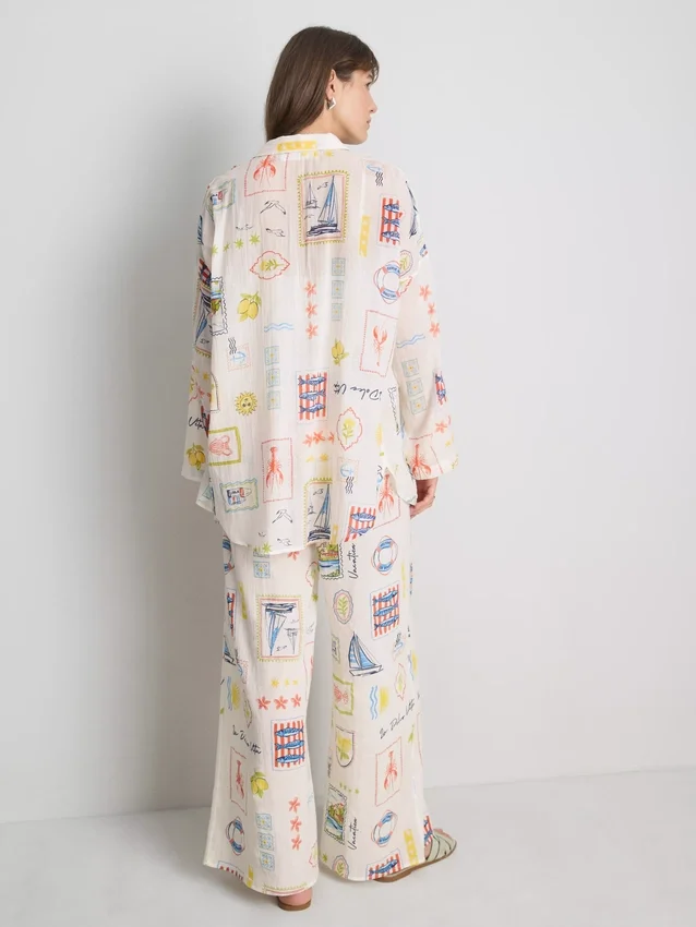 Camisas de praia de algodão estampadas com botões