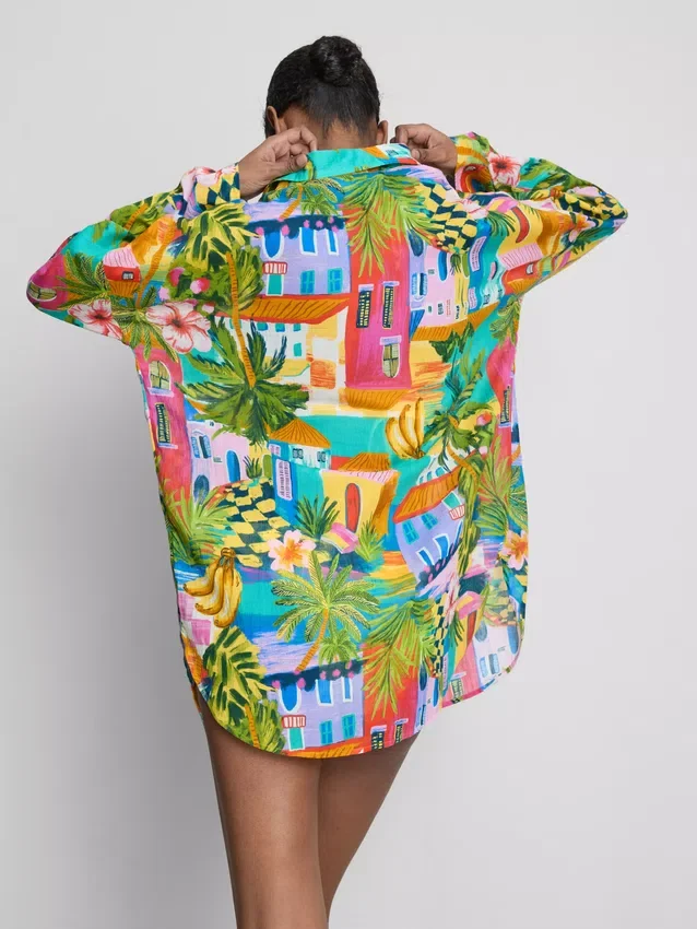 Camisas de praia de algodão estampadas com botões