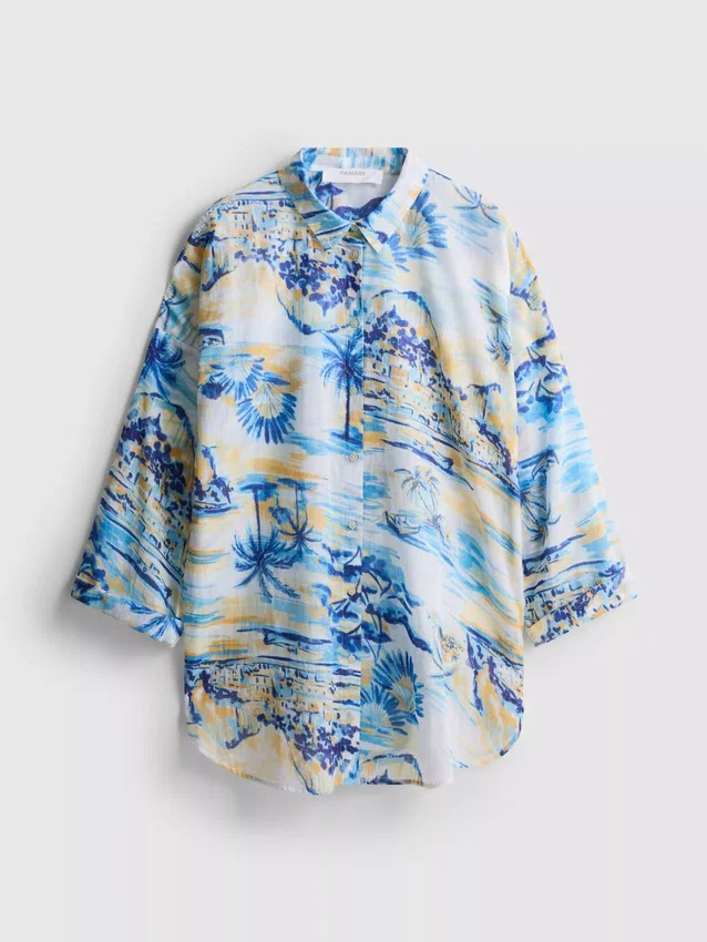Camisas de praia de algodão estampadas com botões