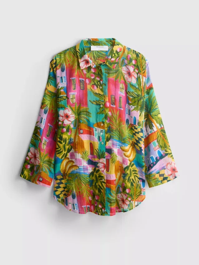 Camisas de praia de algodão estampadas com botões