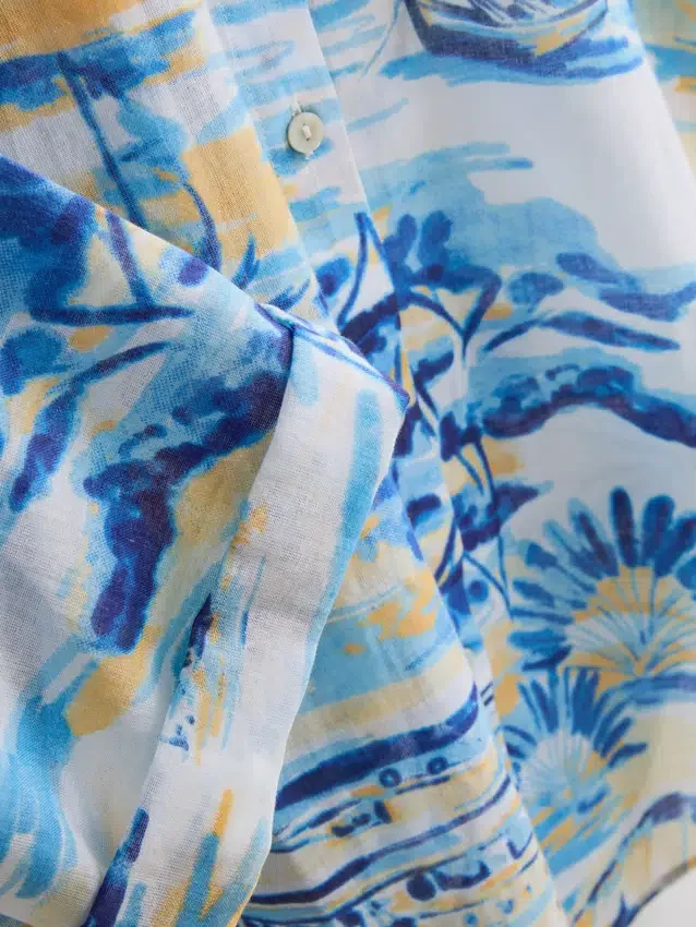 Camisas de praia de algodão estampadas com botões