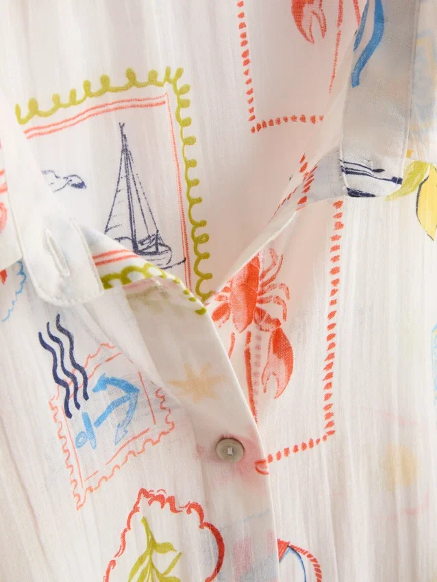 Camisas de praia de algodão estampadas com botões