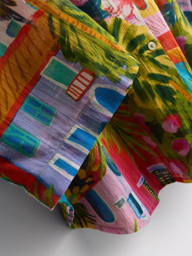 Camisas de praia de algodão estampadas com botões