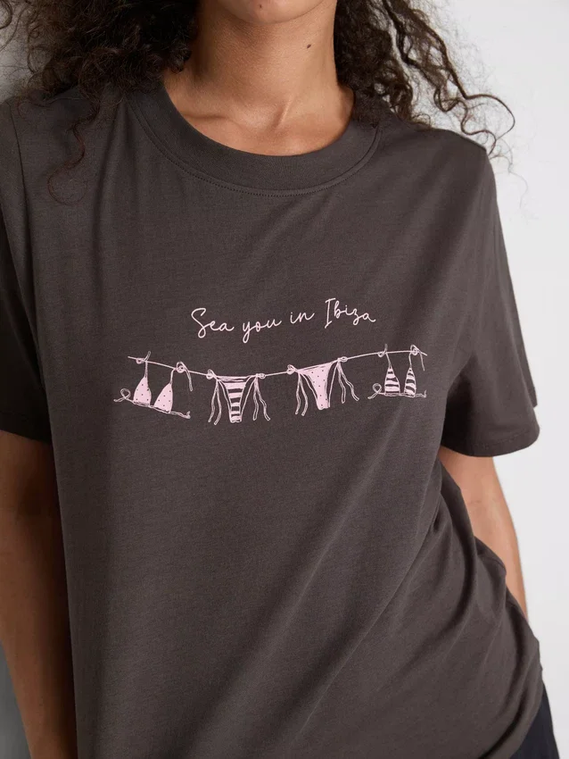Camisola de calções de manga curta com estampado em algodão