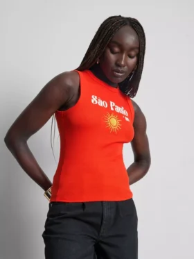 Camisola sem mangas com estampado, em malha canelada com elevado teor de algodão