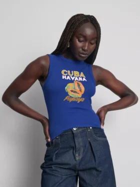 Camisola sem mangas com estampado, em malha canelada com elevado teor de algodão
