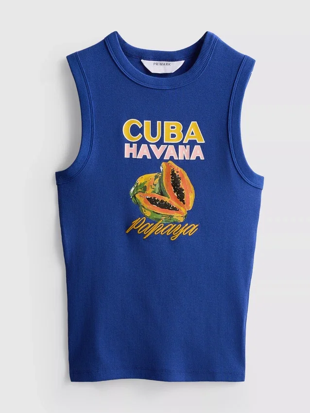 Camisola sem mangas com estampado, em malha canelada com elevado teor de algodão