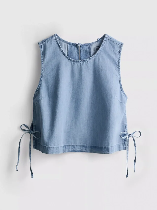 Camisola sem mangas de ganga de algodão com laço lateral
