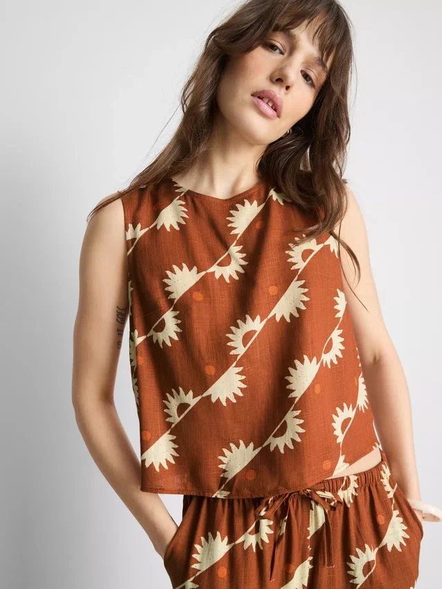 Camisola sem mangas estampada em mistura de algodão