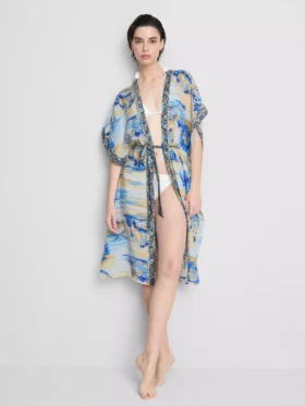 Capa de praia midi com estampado e corte cruzado