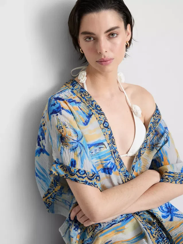 Capa de praia midi com estampado e corte cruzado