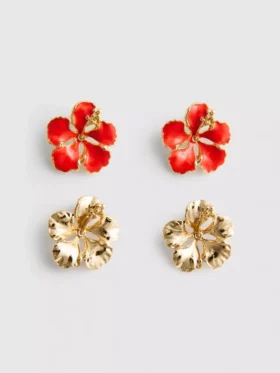Conjunto de 2 pares de brincos de pressão com motivos florais
