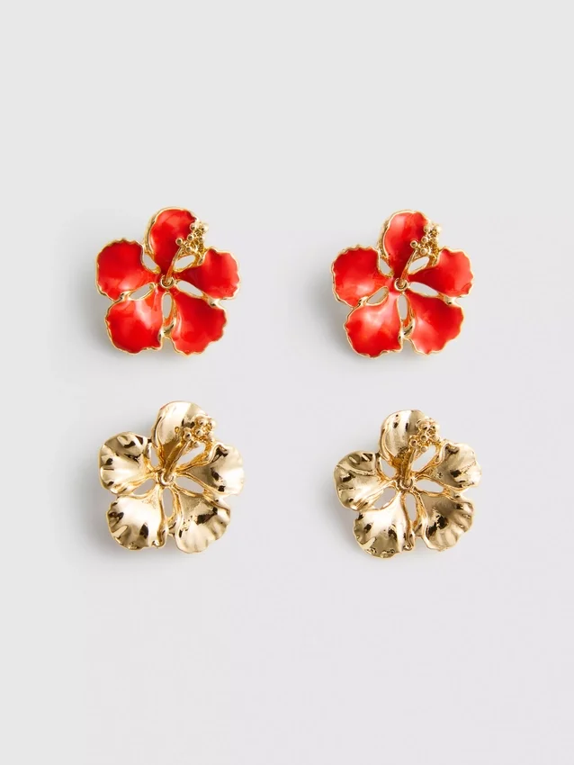 Conjunto de 2 pares de brincos de pressão com motivos florais