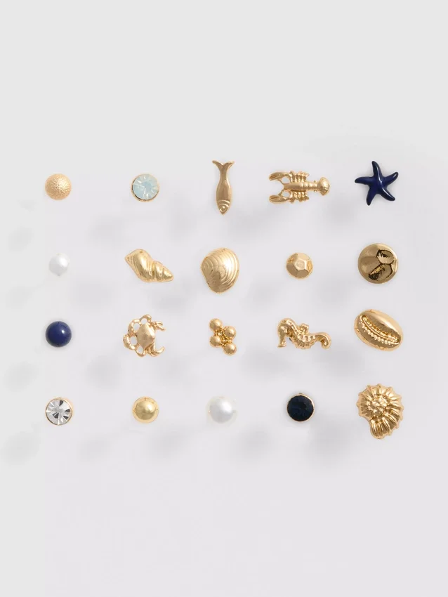 Conjunto de 20 brincos de pressão com motivos marinhos