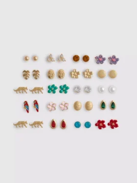 Conjunto de 20 brincos de pressão com motivos tropicais