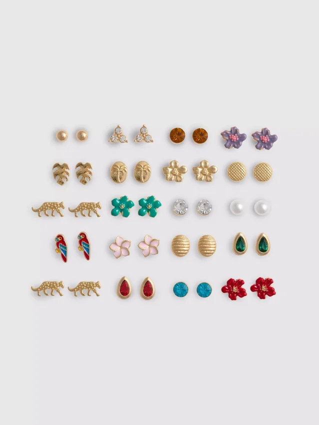 Conjunto de 20 brincos de pressão com motivos tropicais