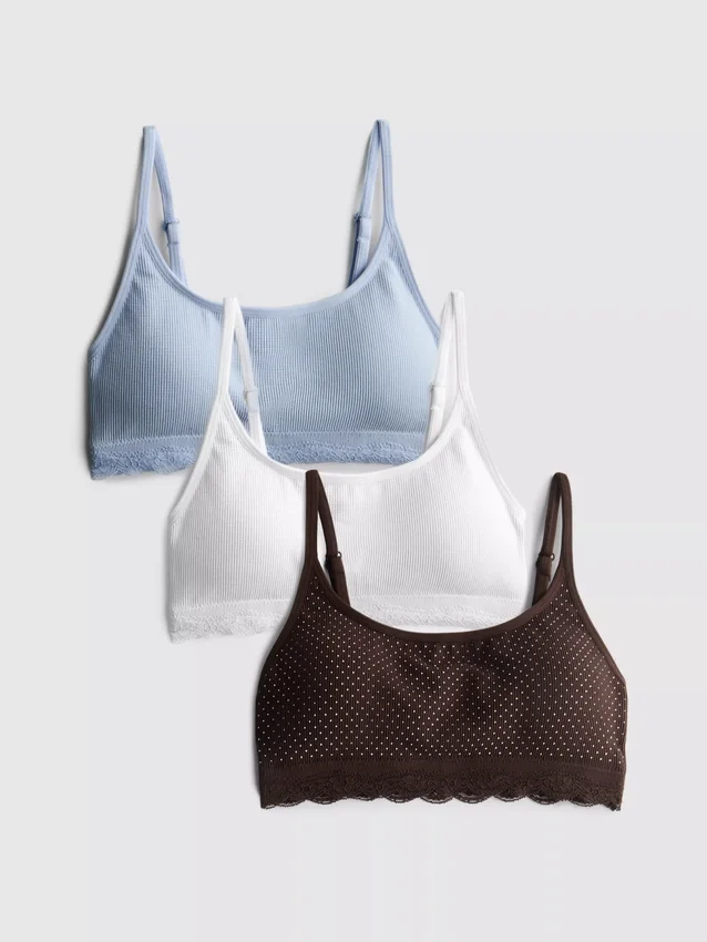Conjunto de 3 bralettes sem costuras com acabamento em renda