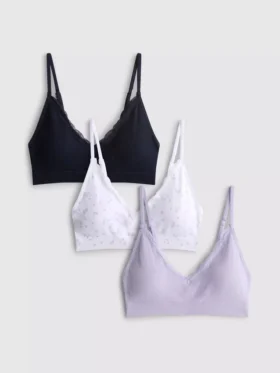 Conjunto de 3 bralettes sem costuras com acabamentos em renda