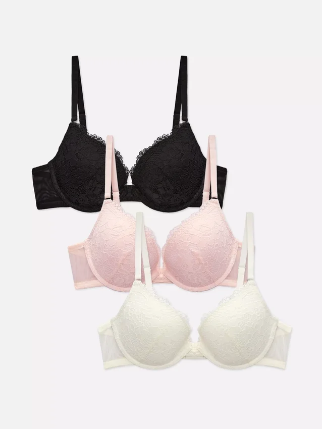 Conjunto de 3 soutiens push-up com renda, almofadados e decote profundo
