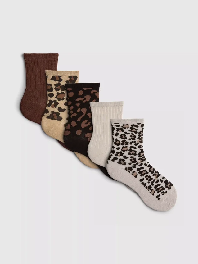 Conjunto de 5 pares de meias curtas com padrão animal