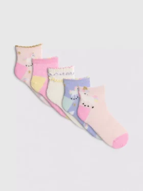 Conjunto de 5 pares de meias curtas com padrão de unicórnio