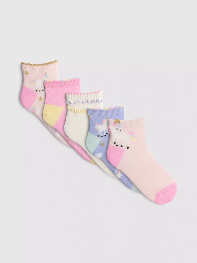 Conjunto de 5 pares de meias curtas com padrão de unicórnio