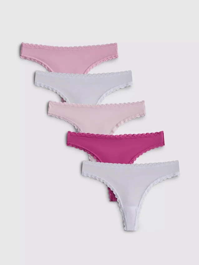 Conjunto de 5 tangas de microfibra com acabamento em renda