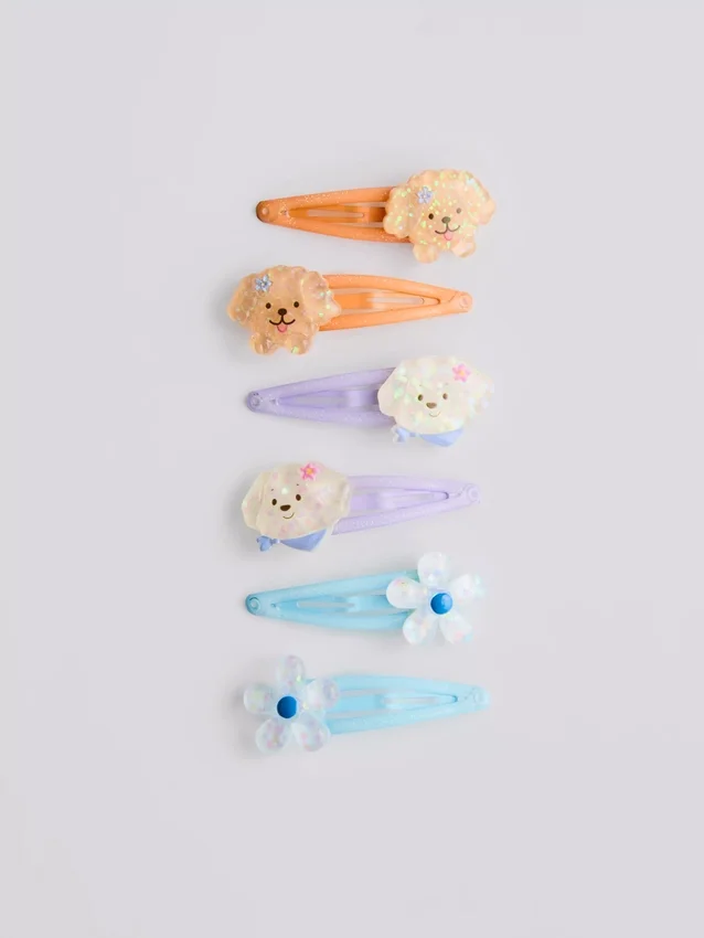 Conjunto de 6 ganchos de cabelo com fecho de mola e pingente em forma de cão