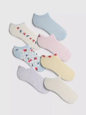 Conjunto de 7 pares de meias curtas com padrões de frutas