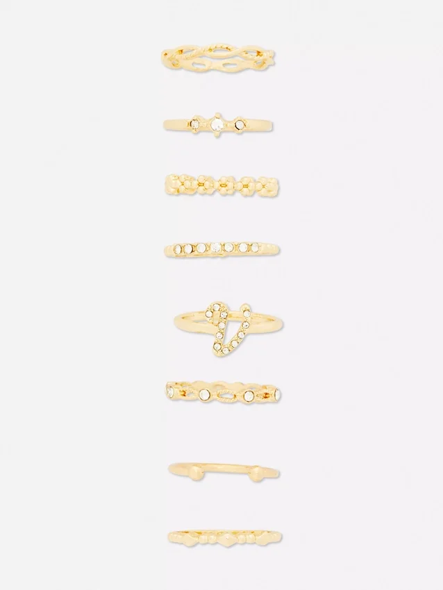 Conjunto de 8 anéis com iniciais em strass