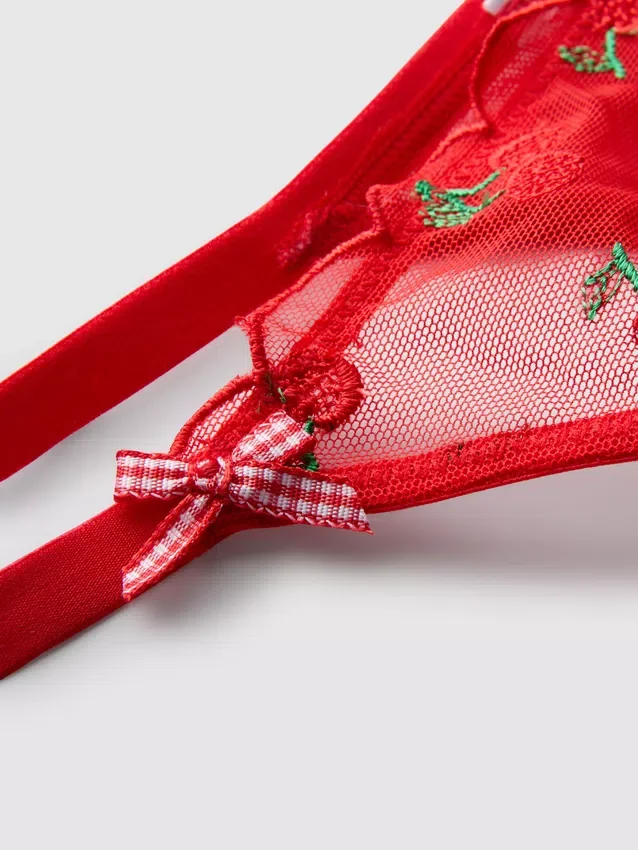 Conjunto de roupa interior com bordado de cerejas em malha