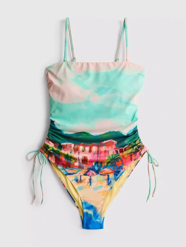 Fato de banho com franzido e estampado panorâmico