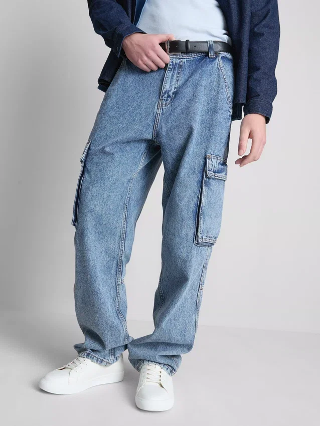 Jeans de ganga cargo largos de cintura média