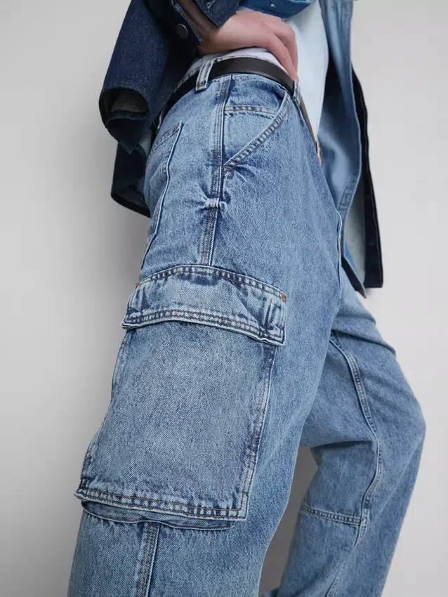 Jeans de ganga cargo largos de cintura média