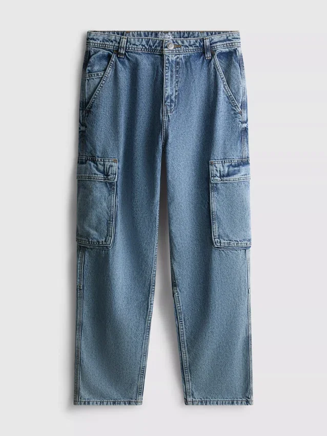 Jeans de ganga cargo largos de cintura média