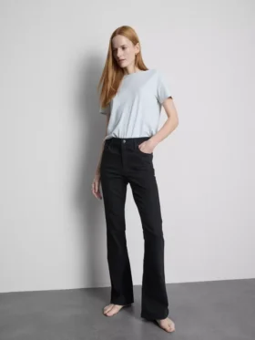 Jeans de ganga de algodão, cintura média e perna larga