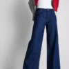 Jeans de ganga de algodão, cintura média e perna larga