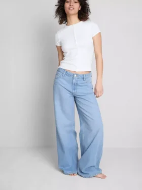 Jeans de ganga de algodão, cintura média e perna larga
