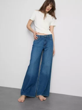 Jeans de ganga de algodão, cintura média e perna larga