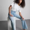 Jeans de ganga de algodão, cintura média e perna larga