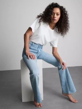 Jeans de ganga de algodão, cintura média e perna larga