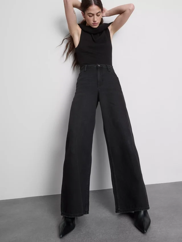 Jeans de ganga de algodão, cintura média e perna larga