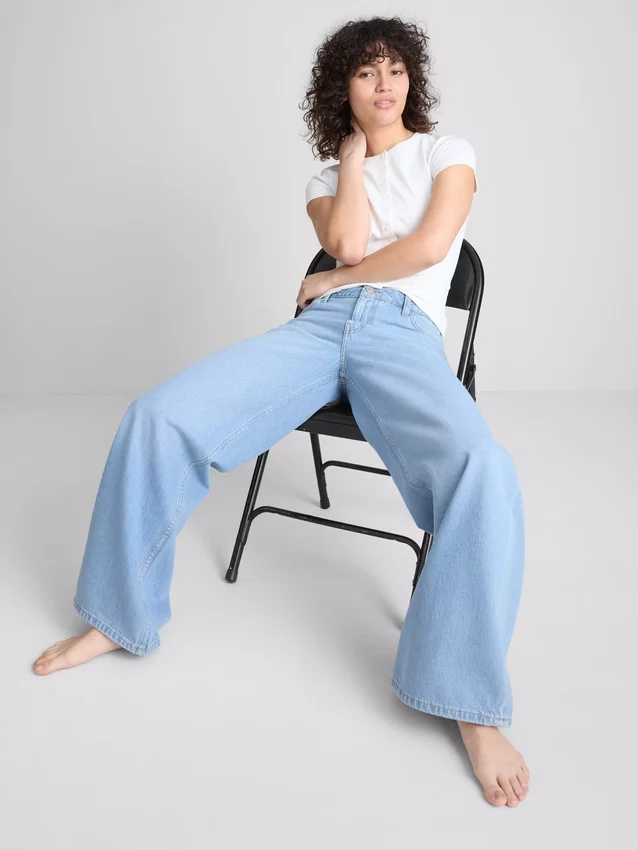 Jeans de ganga de algodão, cintura média e perna larga