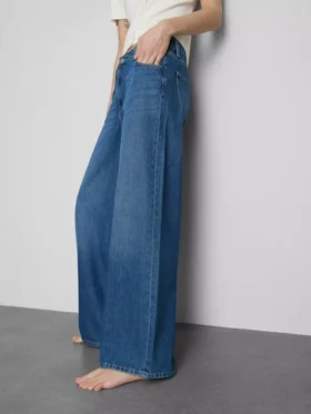 Jeans de ganga de algodão, cintura média e perna larga