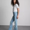 Jeans de ganga de algodão, cintura média e perna larga