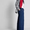 Jeans de ganga de algodão, cintura média e perna larga