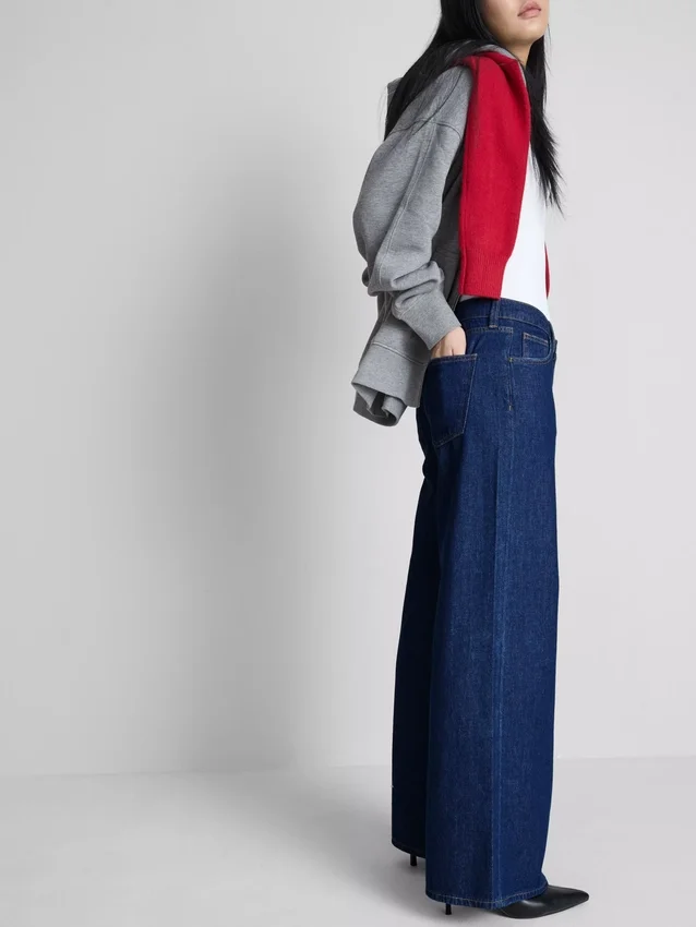 Jeans de ganga de algodão, cintura média e perna larga